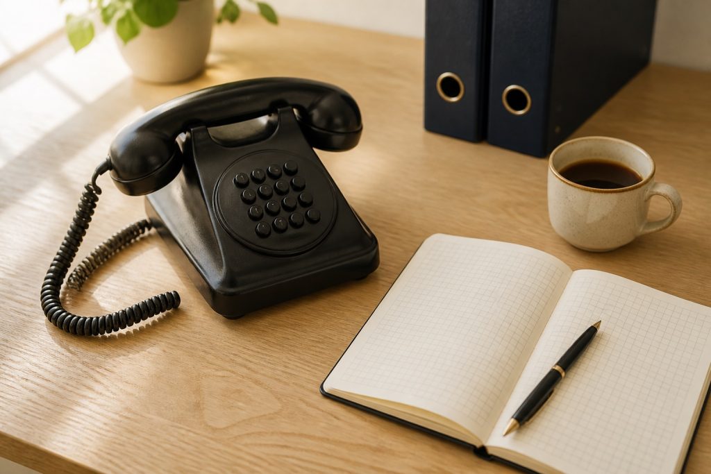 Klasyczny telefon stacjonarny, otwarty notes i filiżanka kawy na biurku