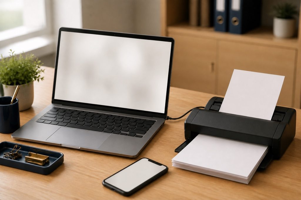 Laptop, smartfon i skaner z plikiem dokumentów na biurku